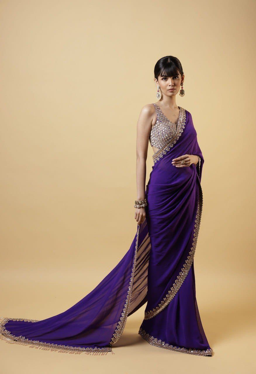 Violet Georgette Saree with Cutwork Embroidery Lace – Available