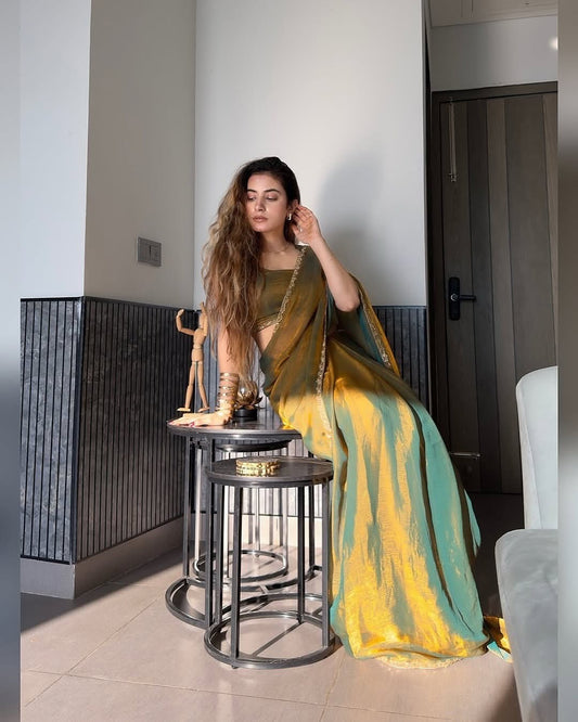 Mehendi Green Frandy Crush Saree with Katdana moti lace border