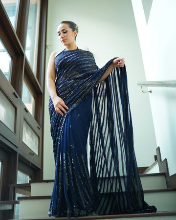 Dark Blue Georgette Saree with Sequence Lace and Piping – Available