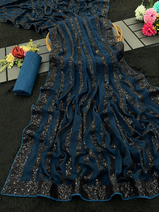 Dark Blue Georgette Saree with Embroidery sequence lace with piping