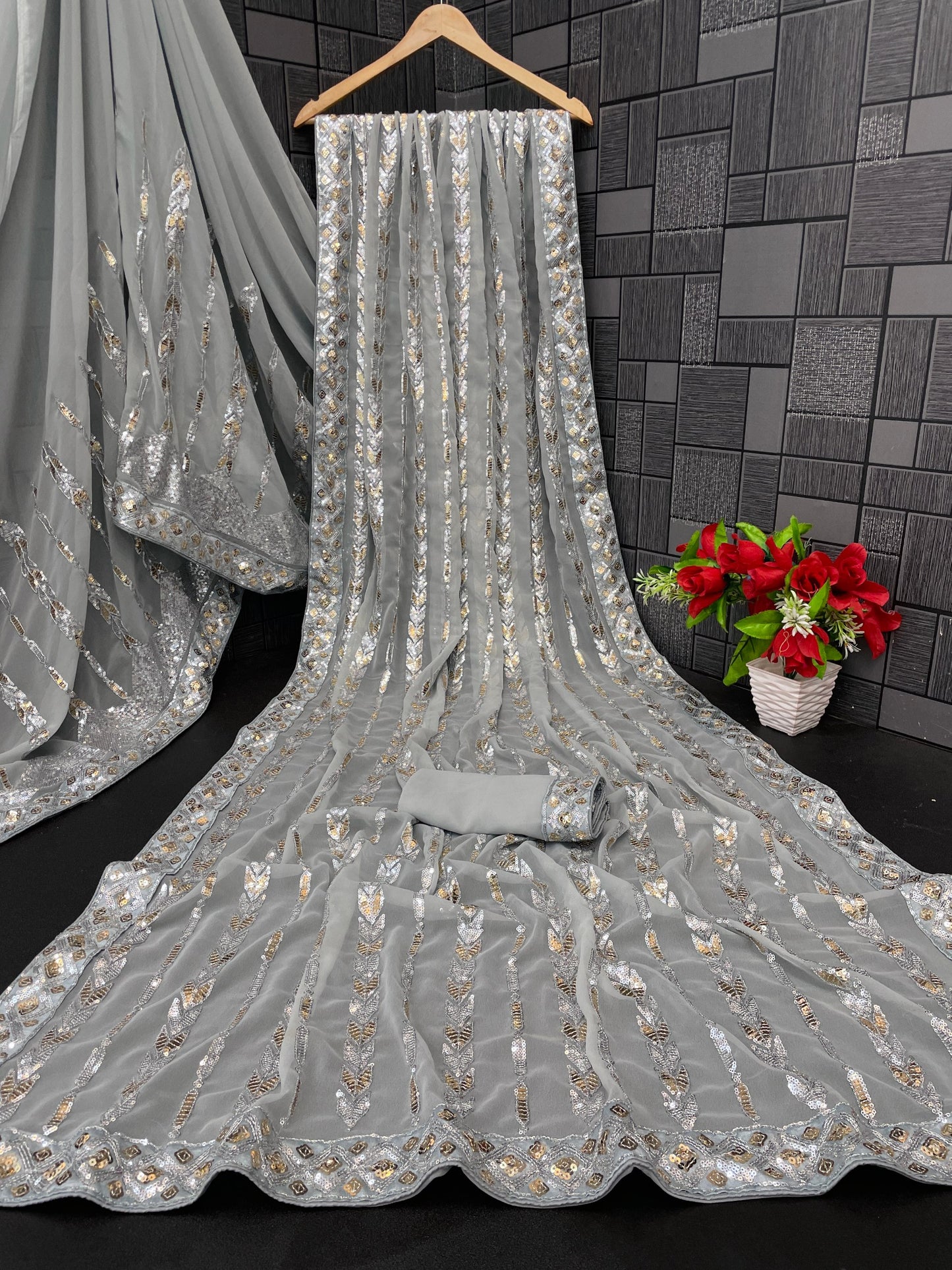 Silver Georgette Saree with Dual sequence embroidery lace with piping