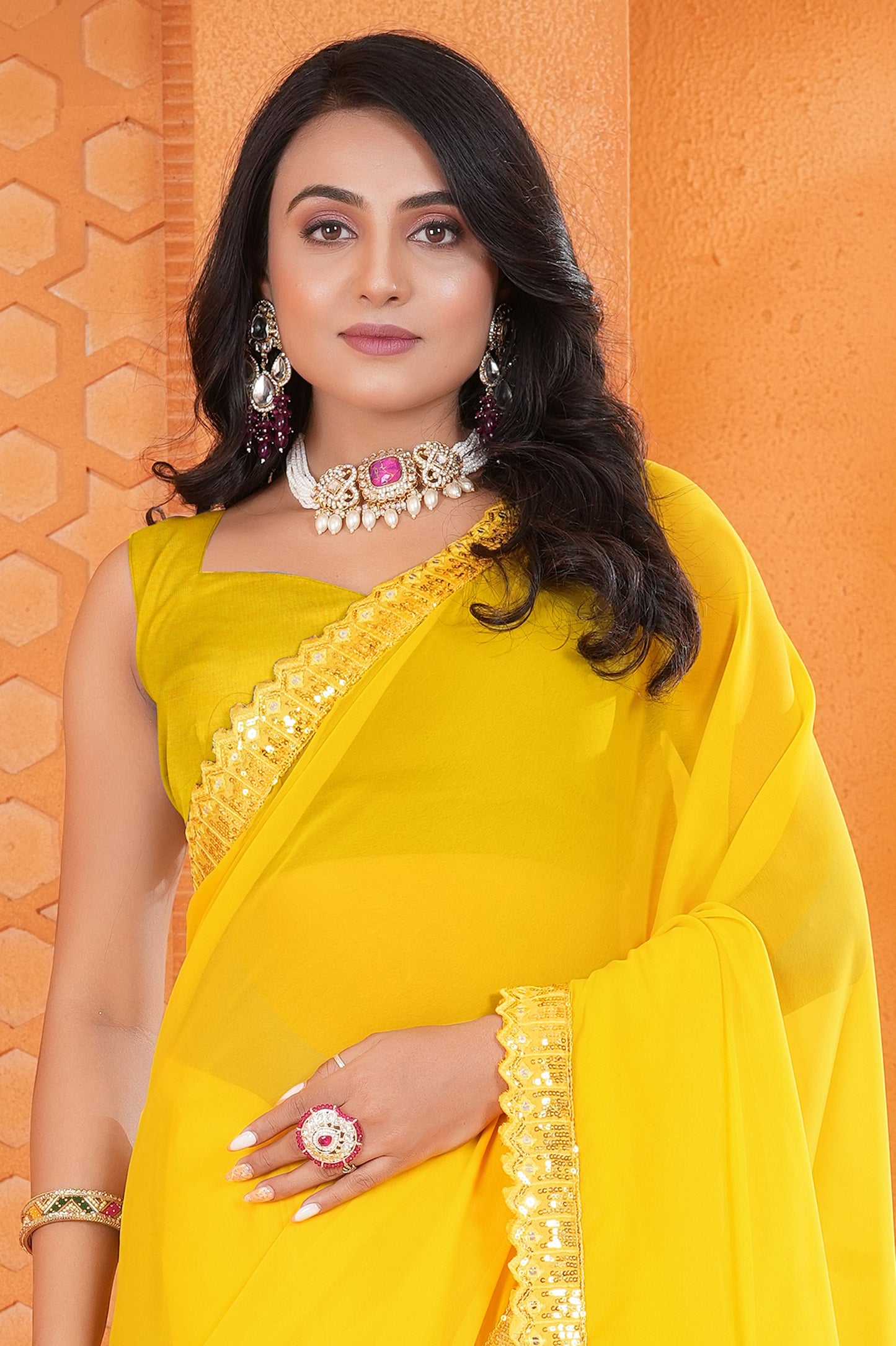 Yellow Georgette Saree with Embroidery Dual Sequence Lace and Cutwork