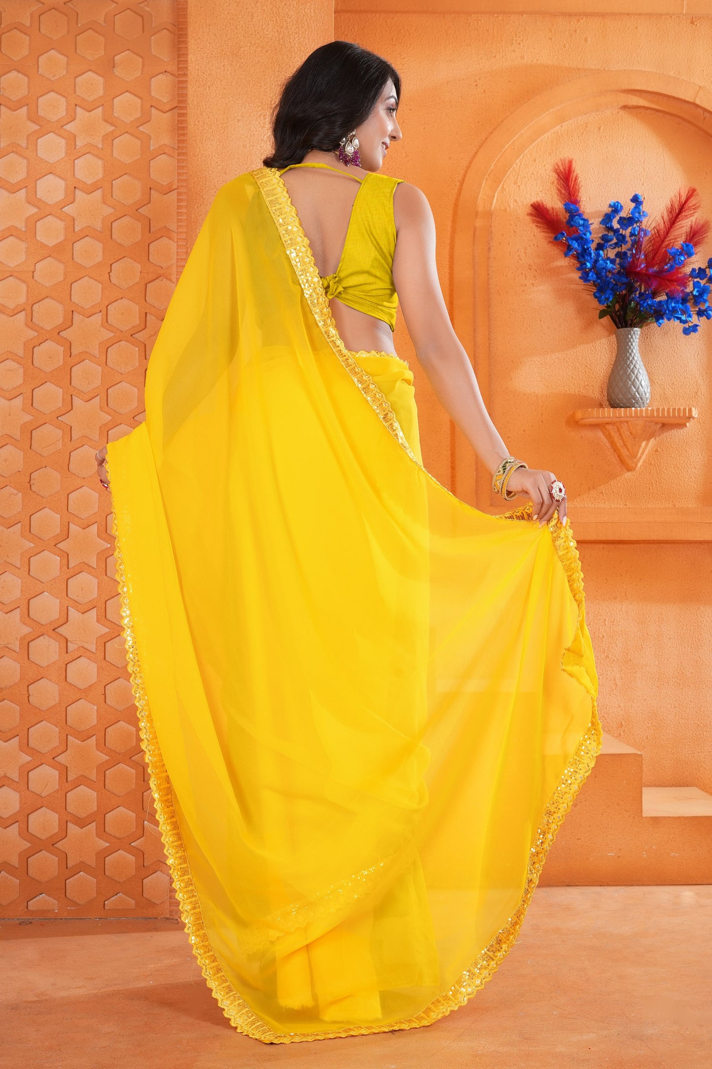 Yellow Georgette Saree with Embroidery Dual Sequence Lace and Cutwork