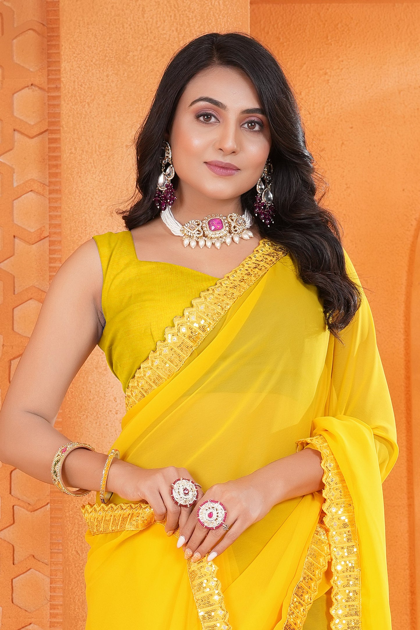 Yellow Georgette Saree with Embroidery Dual Sequence Lace and Cutwork