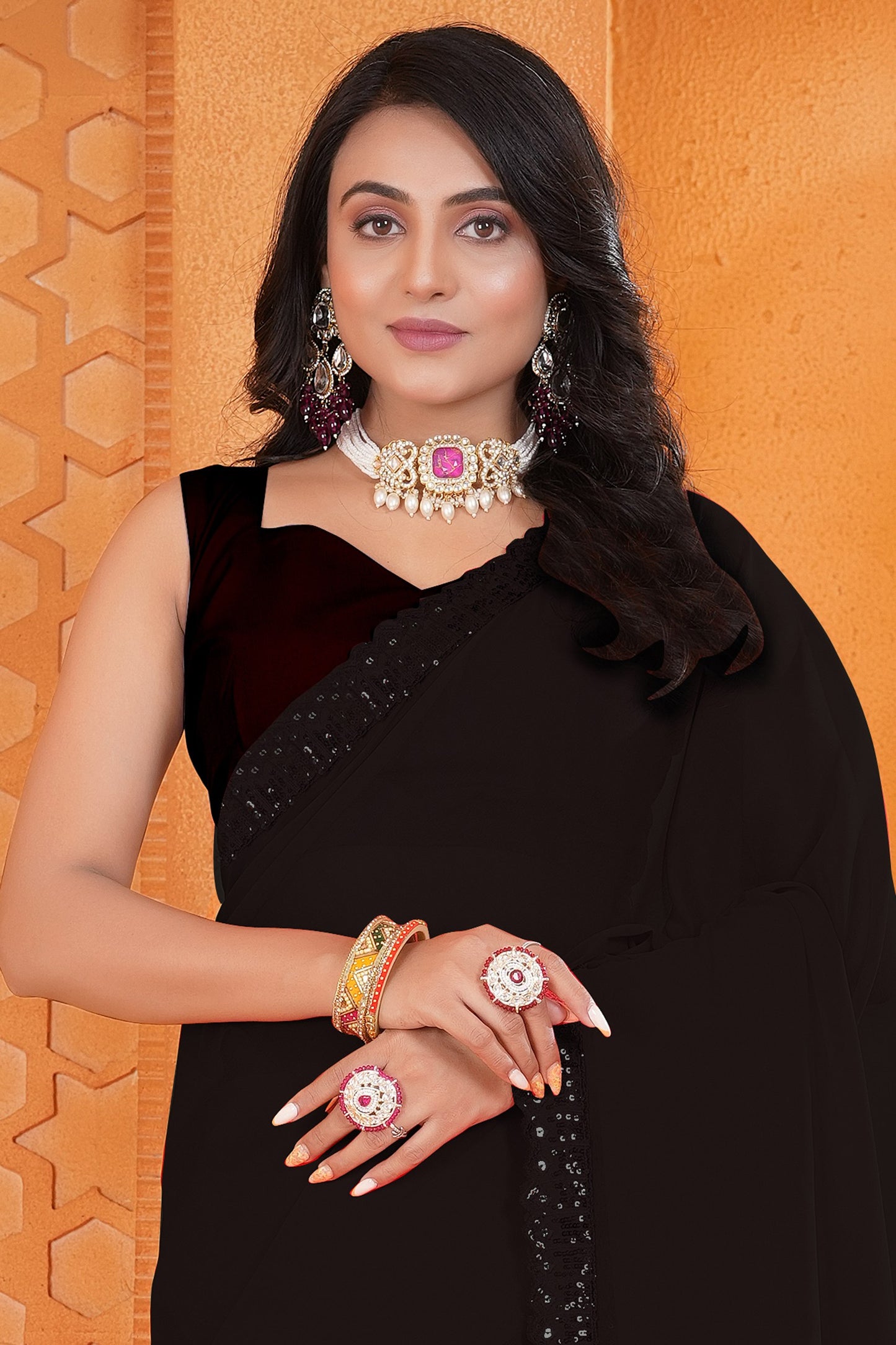 Black Georgette Saree with Embroidery Dual Sequence Lace and Cutwork