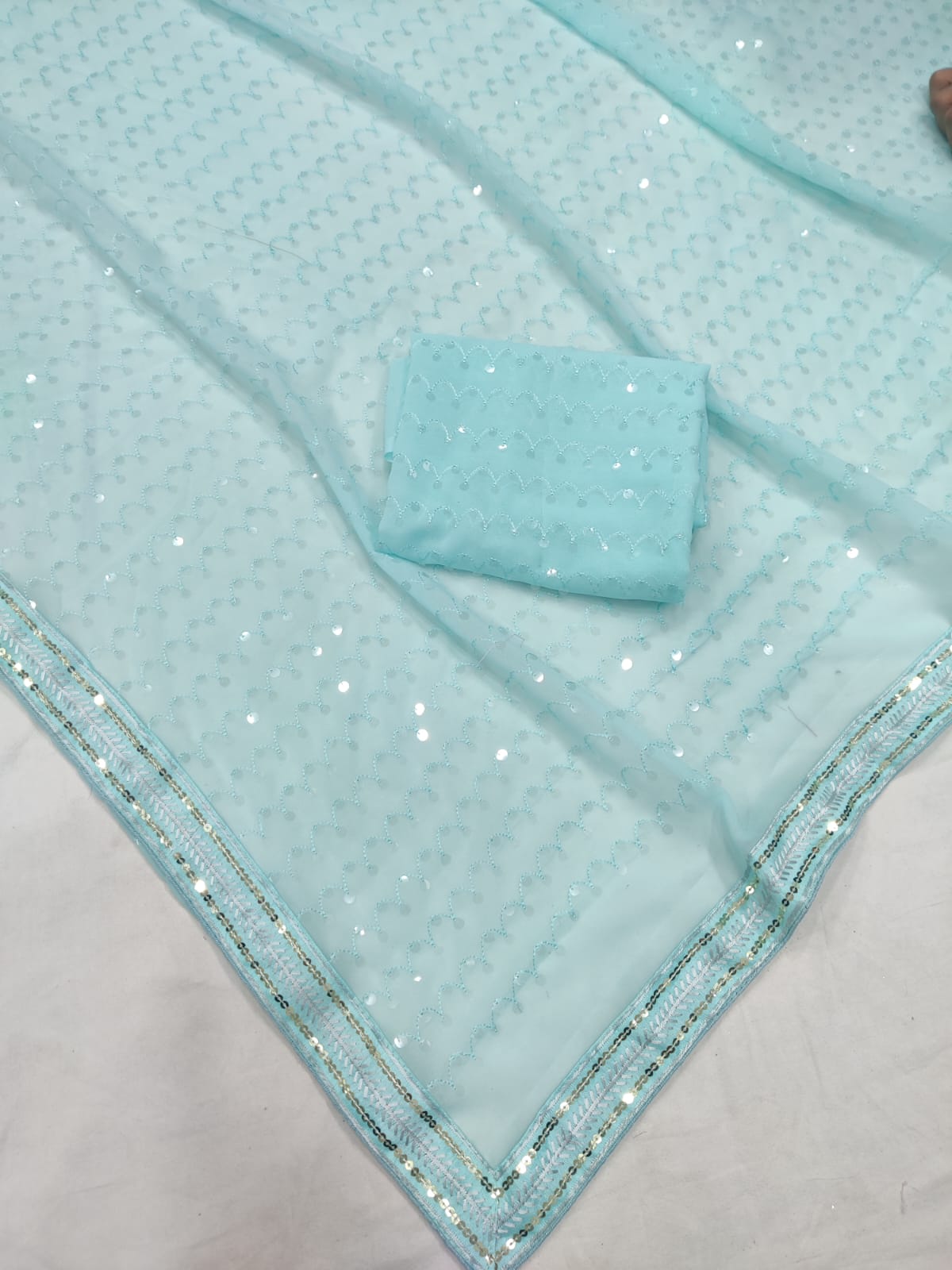 Sky Blue Georgette Saree with Embroidery Sequins and Sequence Lace