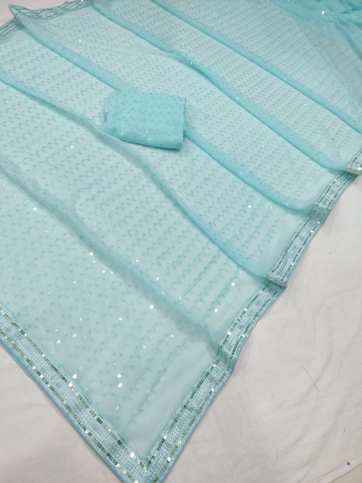 Sky Blue Georgette Saree with Embroidery Sequins and Sequence Lace