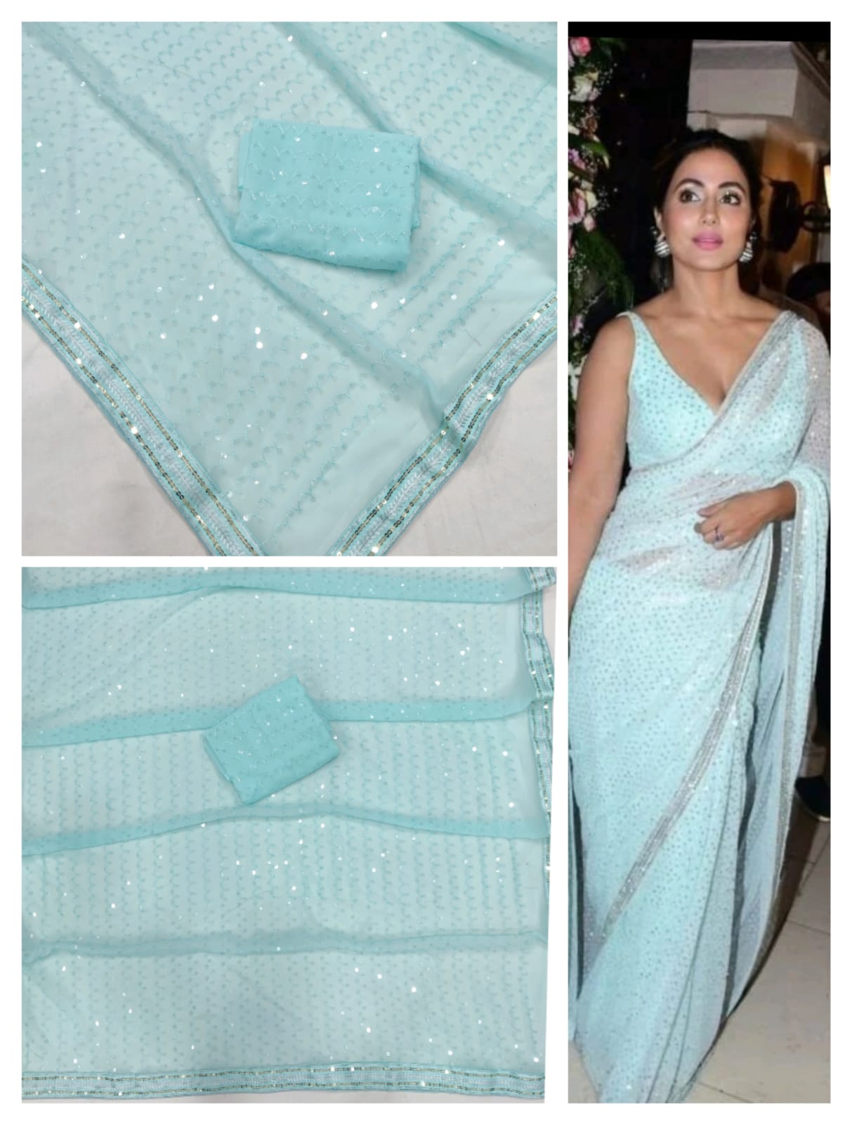 Sky Blue Georgette Saree with Embroidery Sequins and Sequence Lace