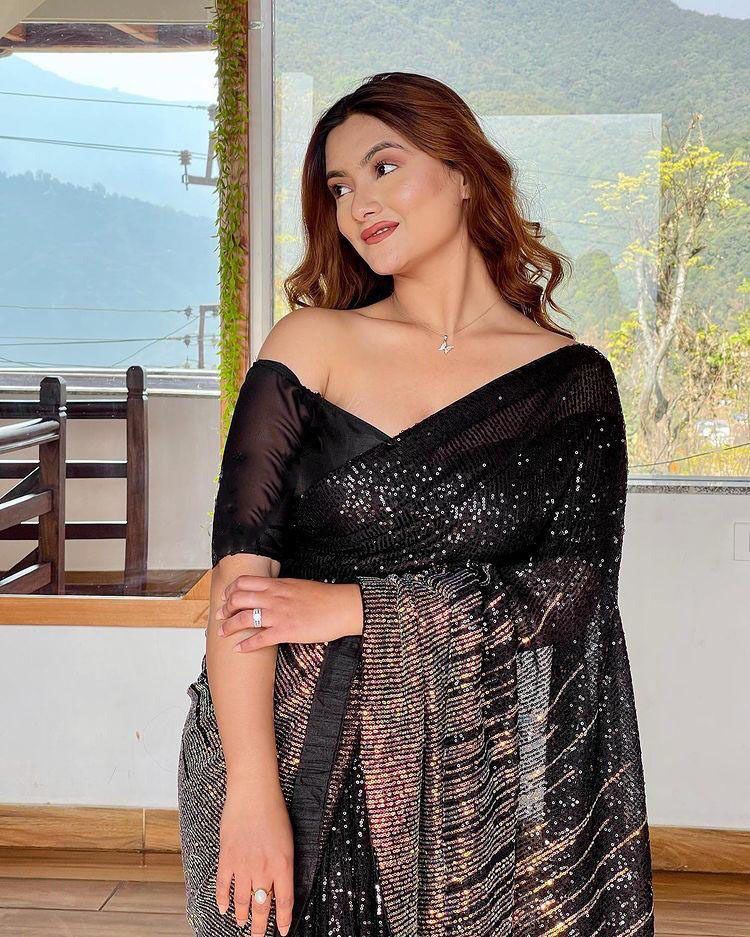 Black Premium Georgette Saree with All Over Sequins and Piping Lace