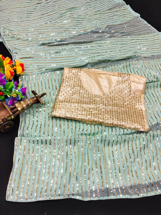 Light Green Heavy Georgette Saree with Sequins and Piping