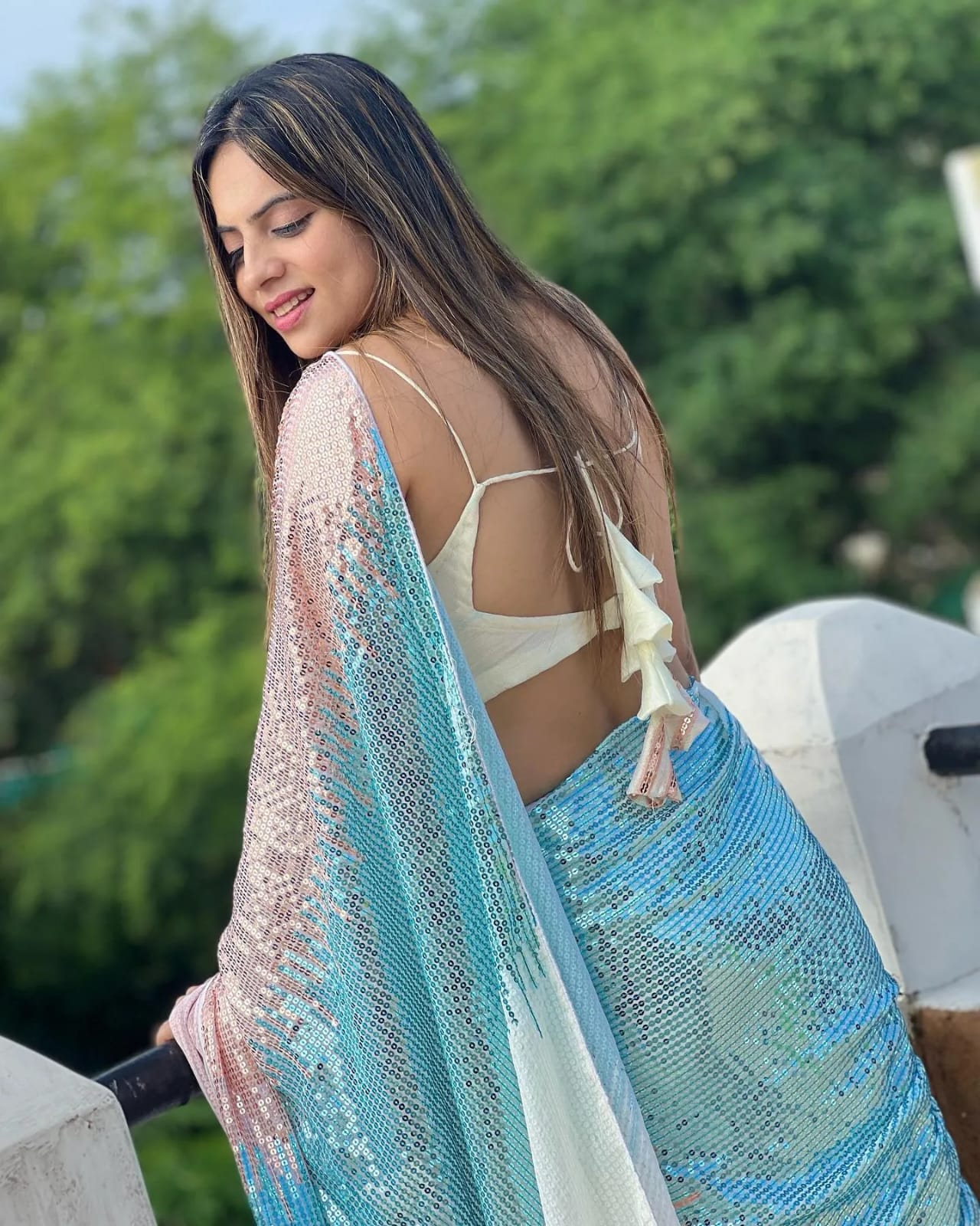 Sky Blue Soft Georgette Saree with Shaded Sequins Work