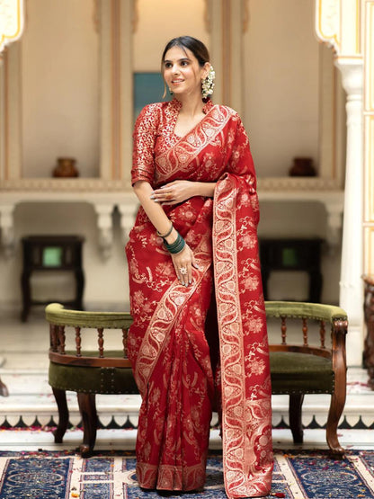 Red Soft Silk Saree with Kanjivaram and Banarasi Jari Weaving