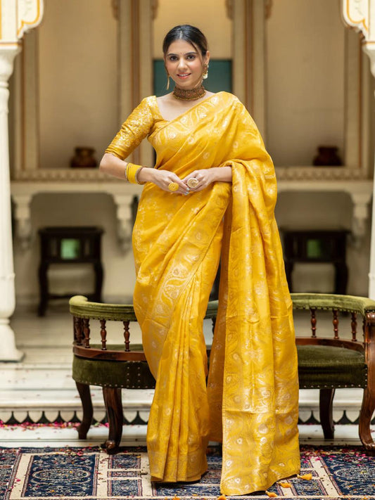 Yellow Soft Silk Saree with Kanjivaram and Banarasi Jari Weaving