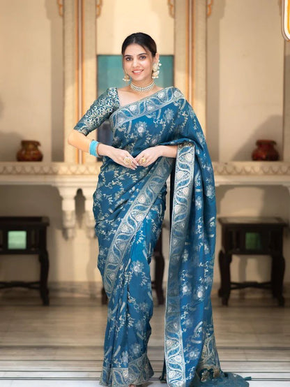 Rama Green Soft Silk Saree with Kanjivaram and Banarasi Jari Weaving