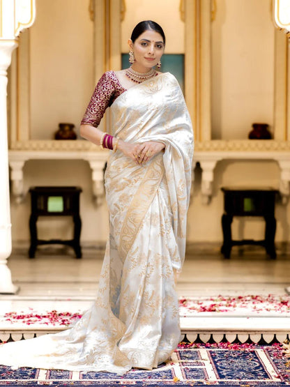 White Soft Silk Saree with Kanjivaram and Banarasi Jari Weaving