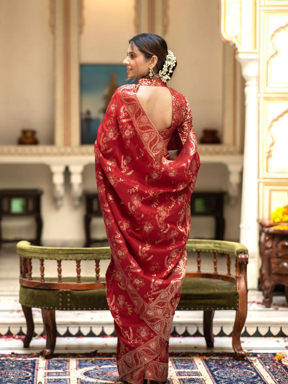 Red Soft Silk Saree with Kanjivaram and Banarasi Jari Weaving