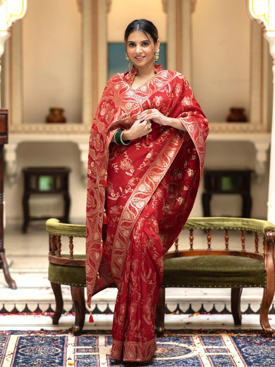 Red Soft Silk Saree with Kanjivaram and Banarasi Jari Weaving