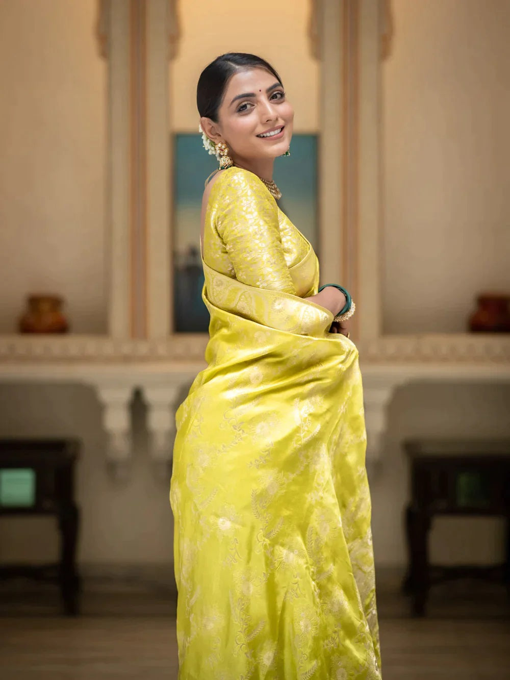 Lemon Soft Silk Saree with Kanjivaram and Banarasi Jari Weaving