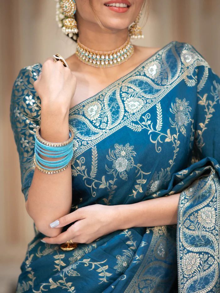 Rama Green Soft Silk Saree with Kanjivaram and Banarasi Jari Weaving