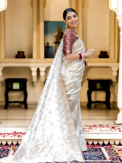 White Soft Silk Saree with Kanjivaram and Banarasi Jari Weaving
