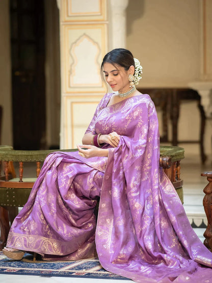 Lavender Soft Silk Saree with Kanjivaram and Banarasi Jari Weaving