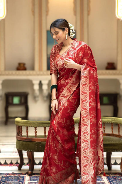 Red Soft Silk Saree with Kanjivaram and Banarasi Jari Weaving