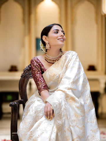 White Soft Silk Saree with Banarasi & Kanjivaram Weaving – Available