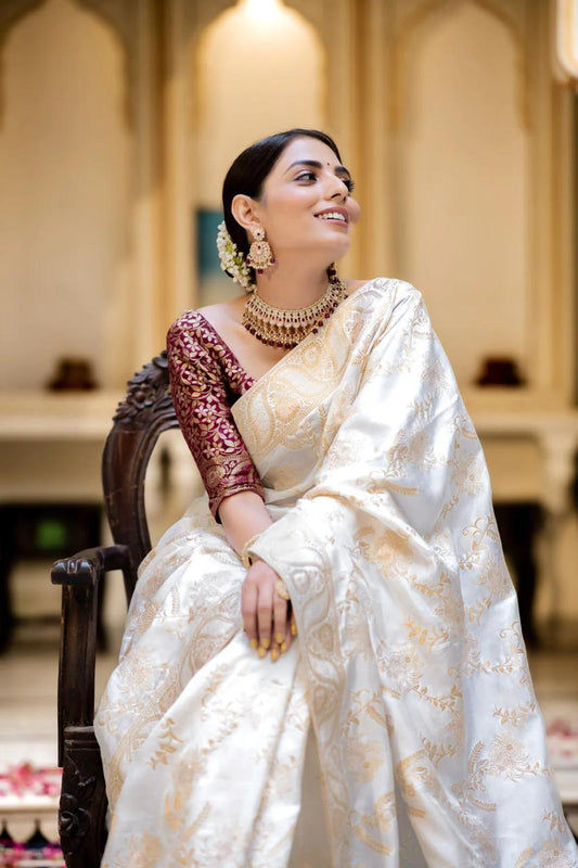 White Soft Silk Saree with Kanjivaram and Banarasi Jari Weaving