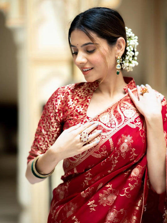 Red Soft Silk Saree with Banarasi and Kanjivaram Jari – In Stock