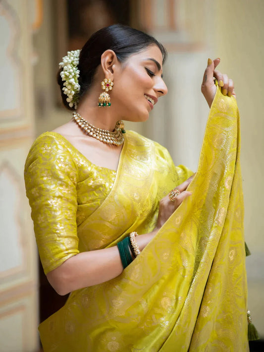 Lemon Soft Silk Saree with Kanjivaram and Banarasi Jari Weaving