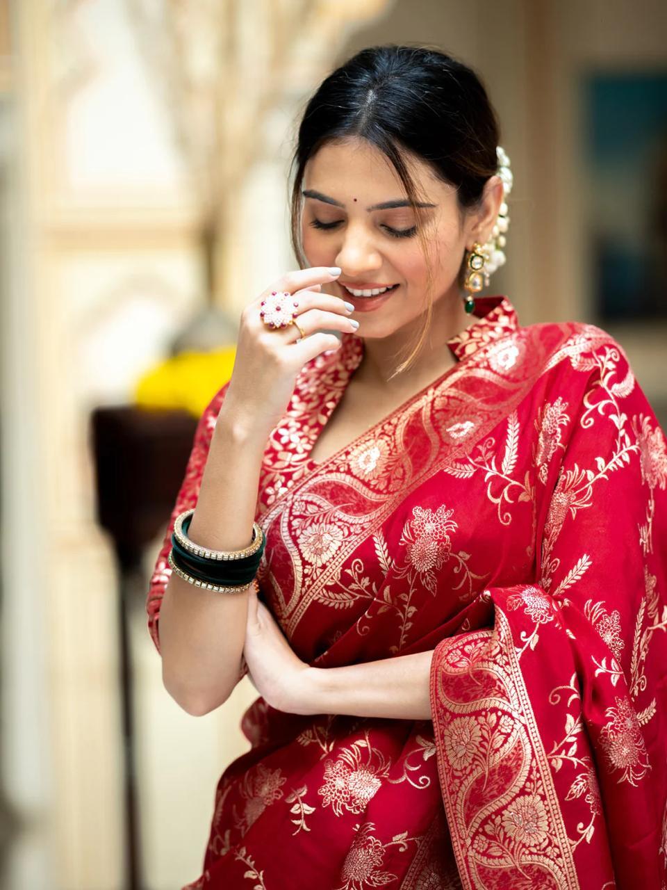 Red Soft Silk Saree with Kanjivaram and Banarasi Jari Weaving