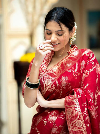 Red Soft Silk Saree with Kanjivaram and Banarasi Jari Weaving