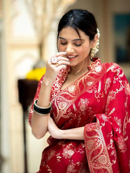 Red Soft Silk Saree with Kanjivaram and Banarasi Jari Weaving