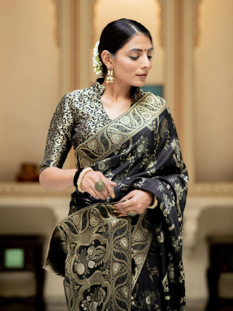Black Soft Silk Saree with Kanjivaram Jari and Banarasi Weaving – Out of Stock
