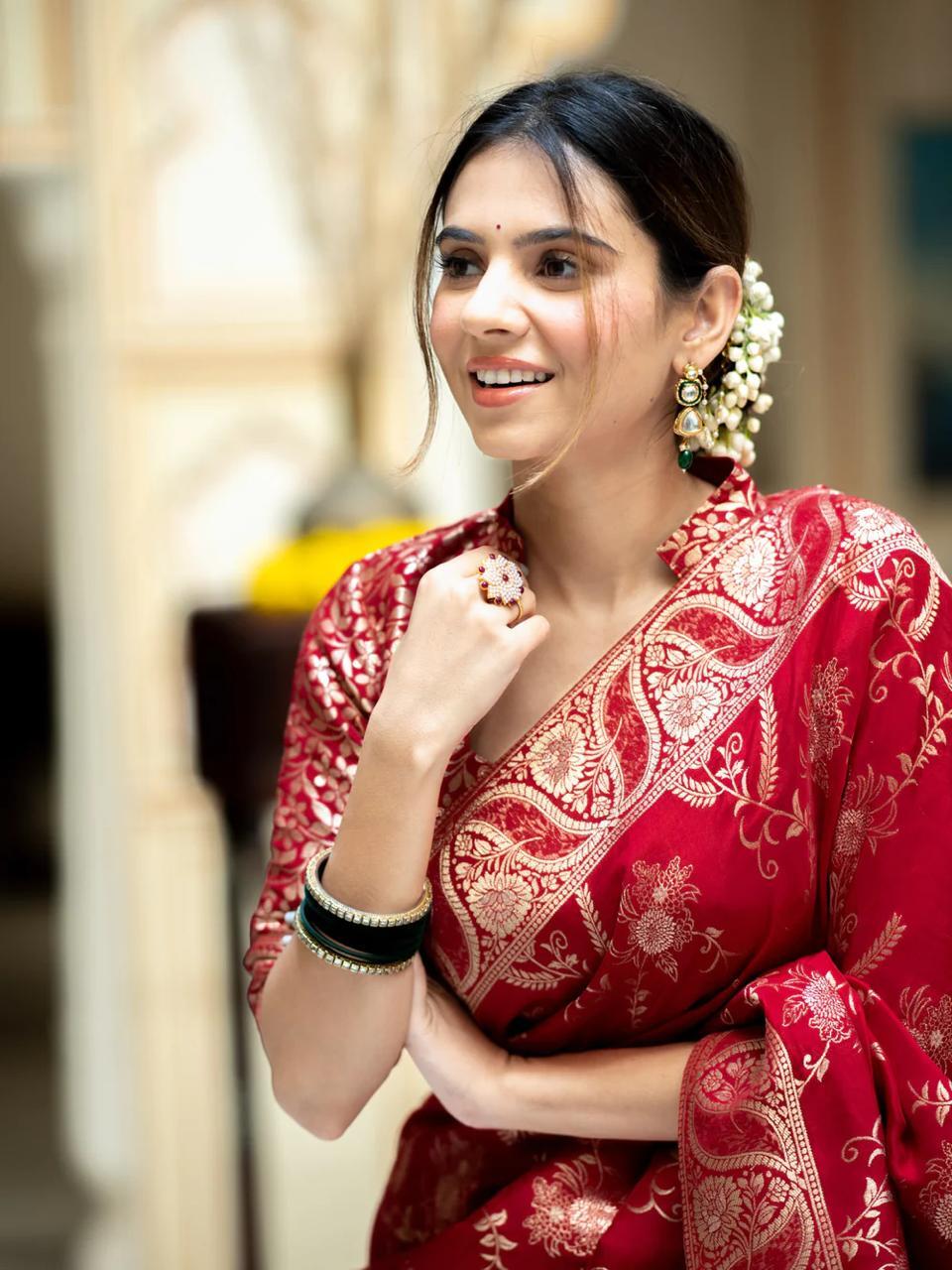 Red Soft Silk Saree with Kanjivaram and Banarasi Jari Weaving
