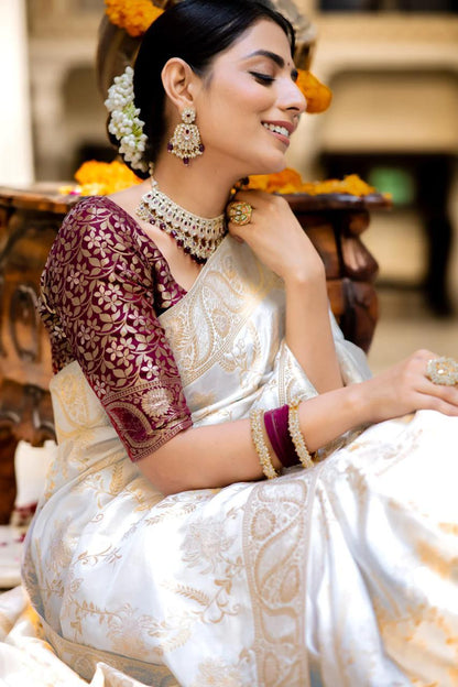 White Soft Silk Saree with Kanjivaram and Banarasi Jari Weaving