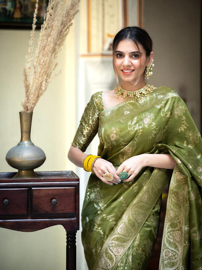Mehndi Soft Silk Saree with Kanjivaram and Banarasi Jari Weaving