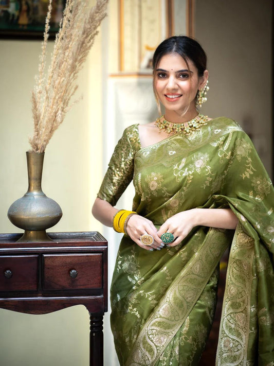 Mehndi Soft Silk Saree with Kanjivaram and Banarasi Jari Weaving