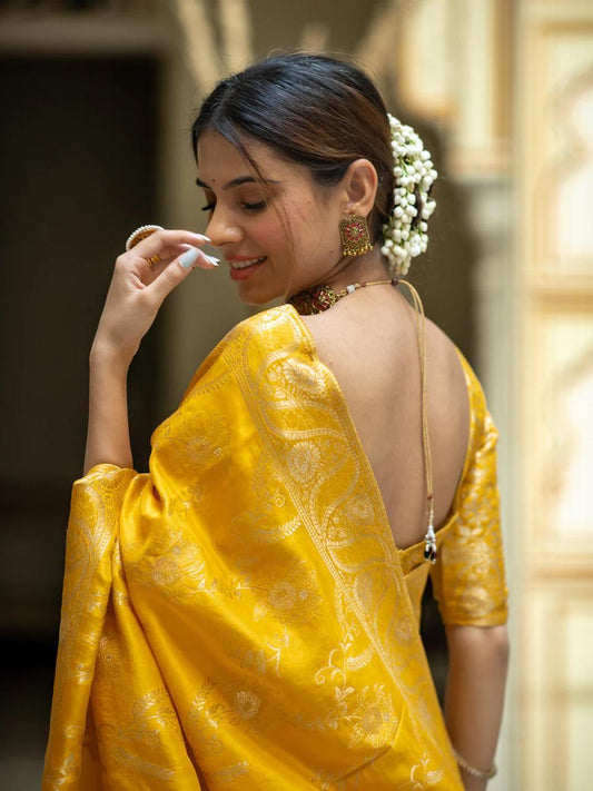Yellow Soft Silk Saree with Banarasi & Kanjivaram Weaving – In Stock