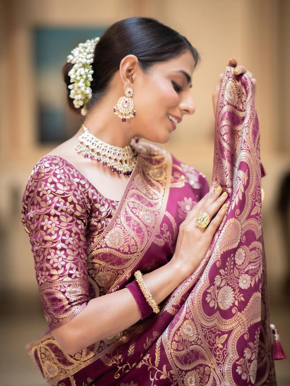 Wine Soft Silk Saree with Kanjivaram and Banarasi Jari – In Stock