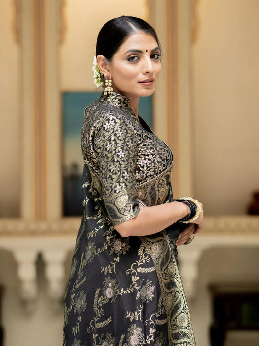 Black Kanjivaram Soft Silk Saree with Jari & Banarasi Weaving