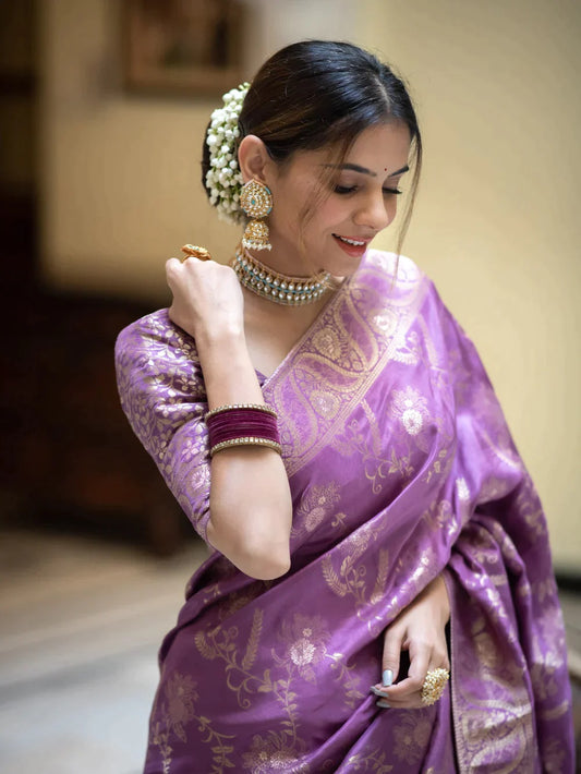 Lavender Soft Silk Saree with Kanjivaram and Banarasi Jari Weaving