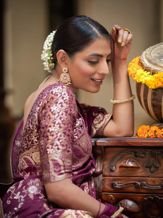 Wine Soft Silk Saree with Kanjivaram and Banarasi Jari Weaving