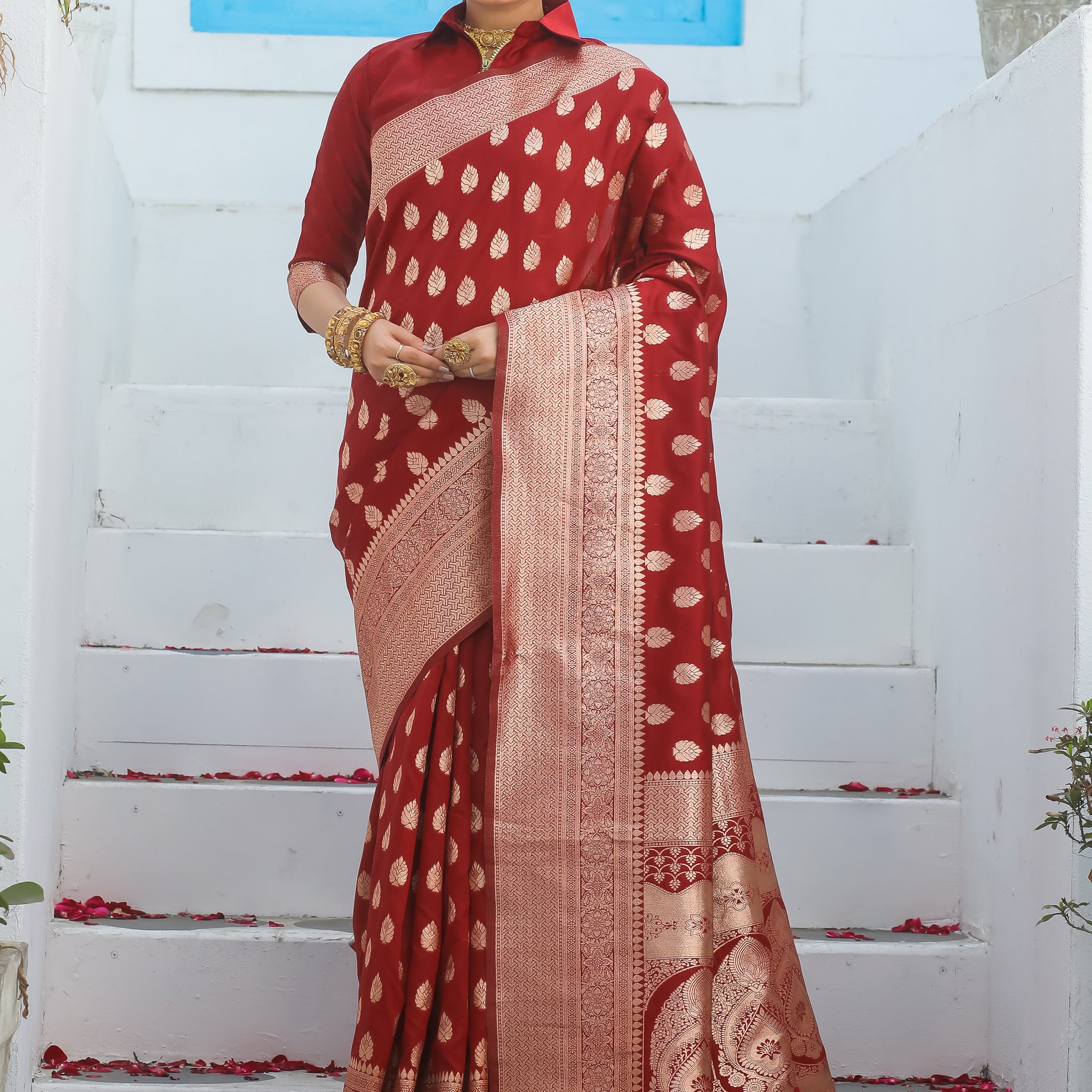 Royal Red Katan Litchi Silk Banarasi Saree Highlighted with Golden Zari Butta Work