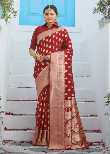 Royal Red Katan Litchi Silk Banarasi Saree Highlighted with Golden Zari Butta Work