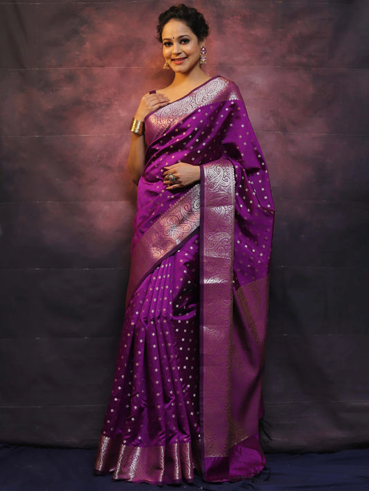 Wine Soft Silk Saree with Kanjivaram and Banarasi Jari and Jacquard Blouse – Currently Unavailable