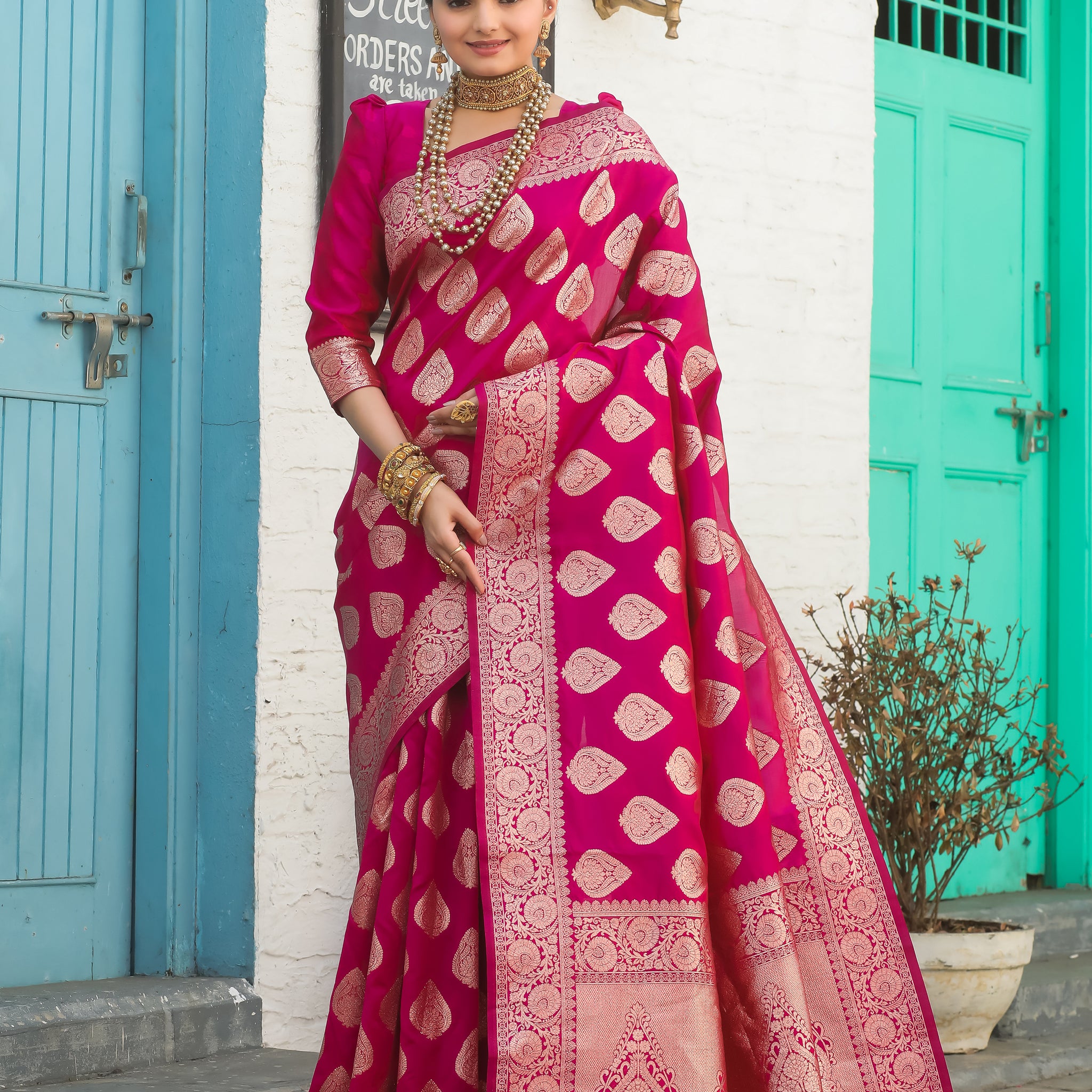 Rani Katan Litchi Silk Banarasi Saree with Elegant Zari Butta – In Stock