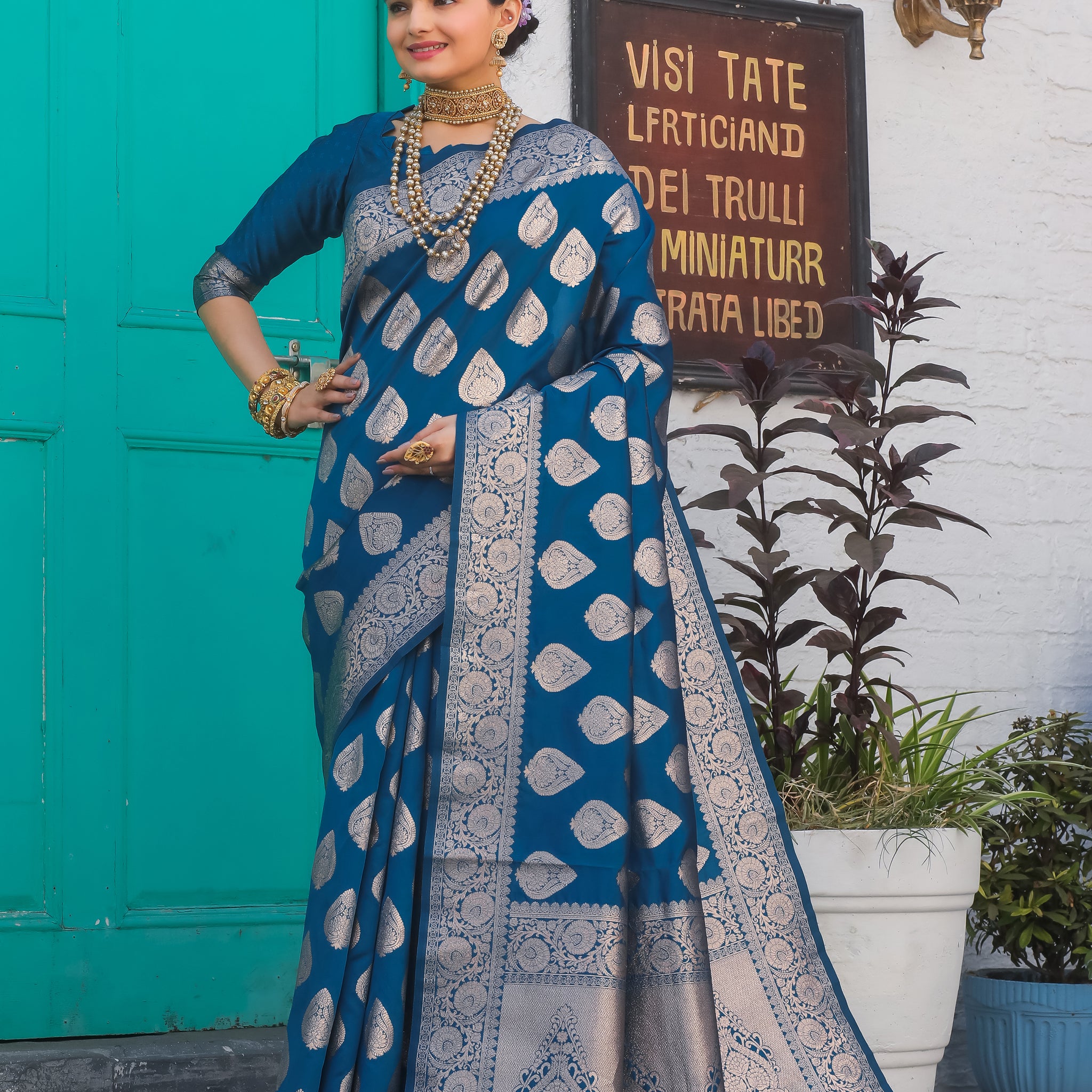 Firozi Banarasi Silk Saree with Intricate Zari Butta – In Stock