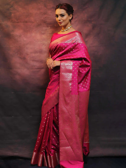 Tomato Soft Silk Saree with Kanjivaram and Banarasi Jari Weaving