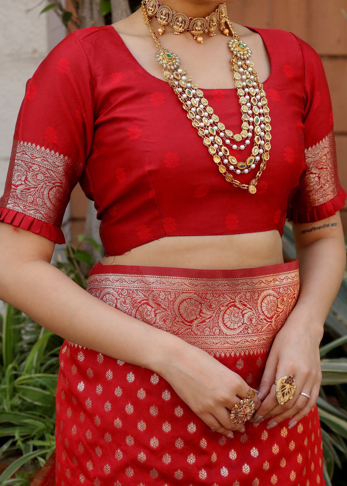 Red Katan Litchi Silk Banarasi Saree with Zari Butta Woven